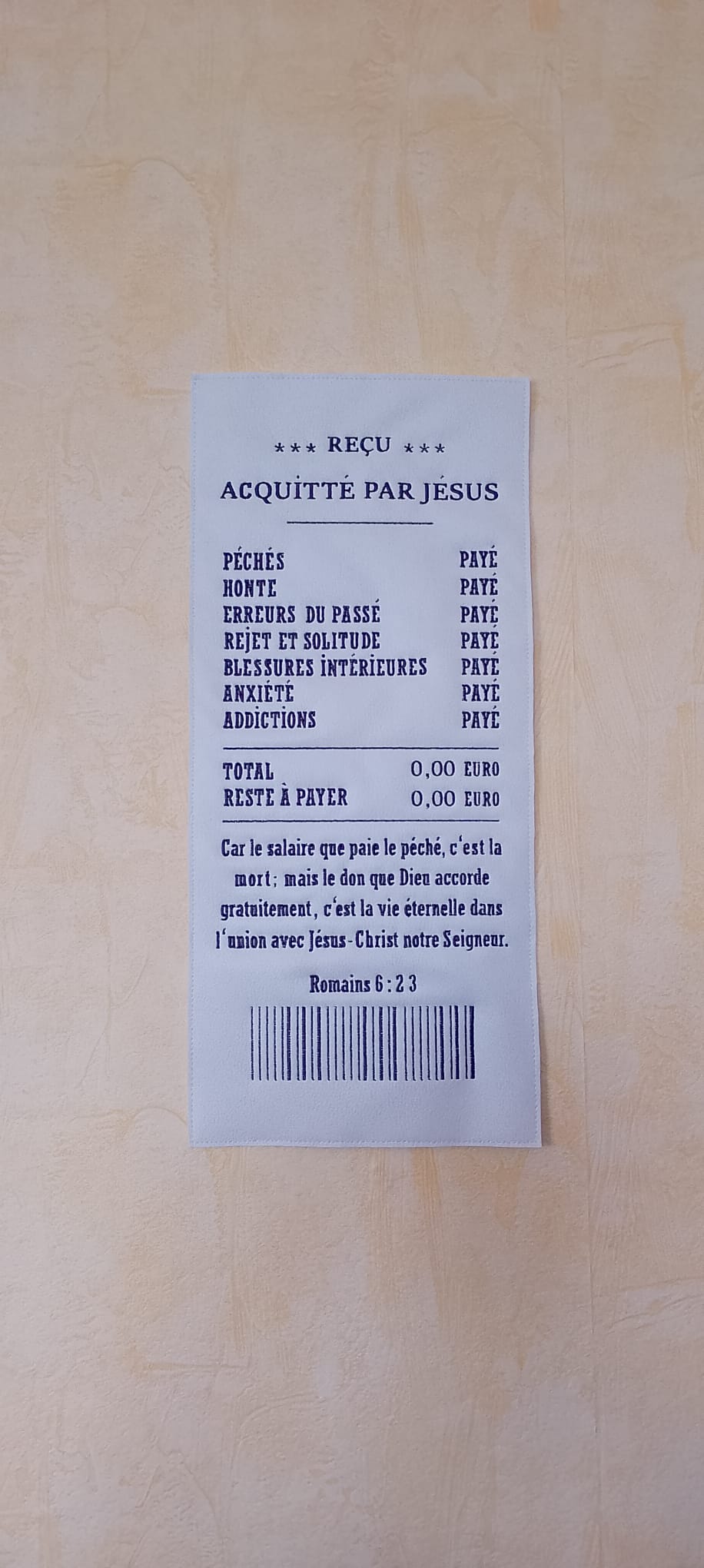 Tableau Brodé "Ticket de Caisse" - Romains 6:23 (Cadeau de Baptême Adulte)