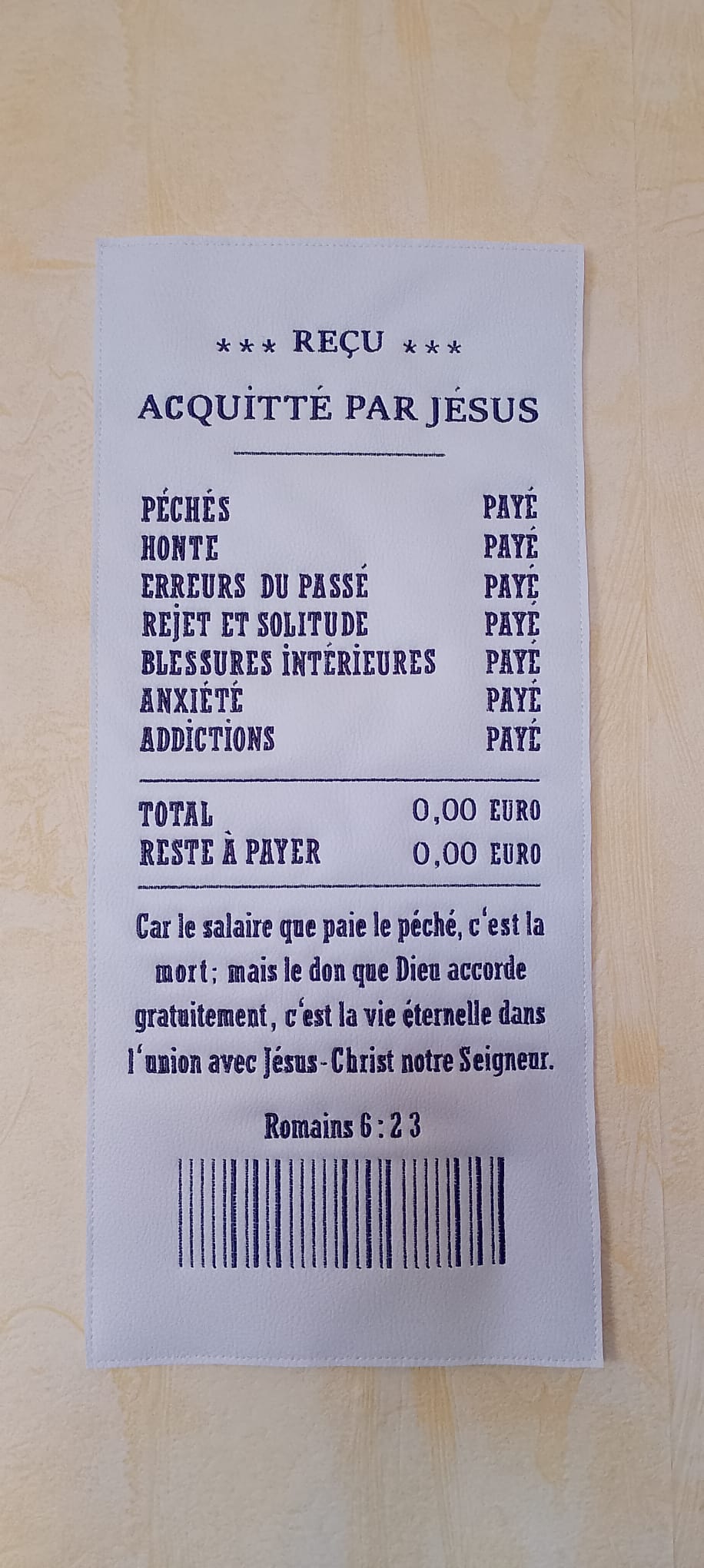 Tableau Brodé "Ticket de Caisse" - Romains 6:23 (Cadeau de Baptême Adulte)