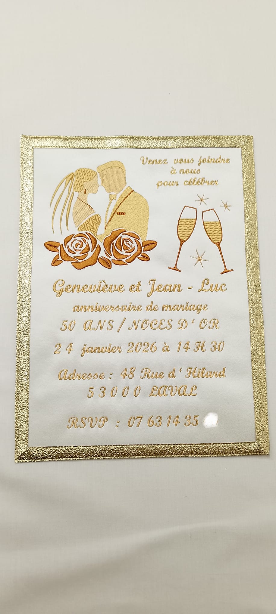 Faire-Part Brodé Personnalisé : Mariage & Noces d'Or (Satin et Dorures)