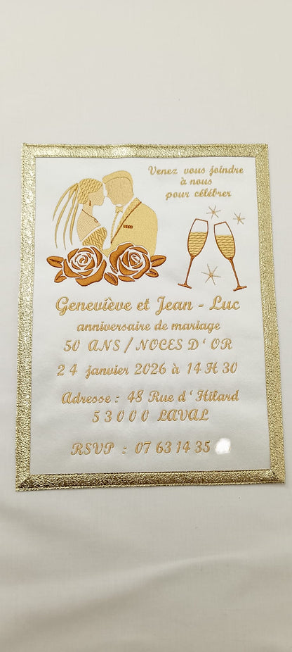 Faire-Part Brodé Personnalisé : Mariage & Noces d'Or (Satin et Dorures)