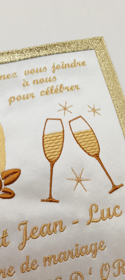 Faire-Part Brodé Personnalisé : Mariage & Noces d'Or (Satin et Dorures)