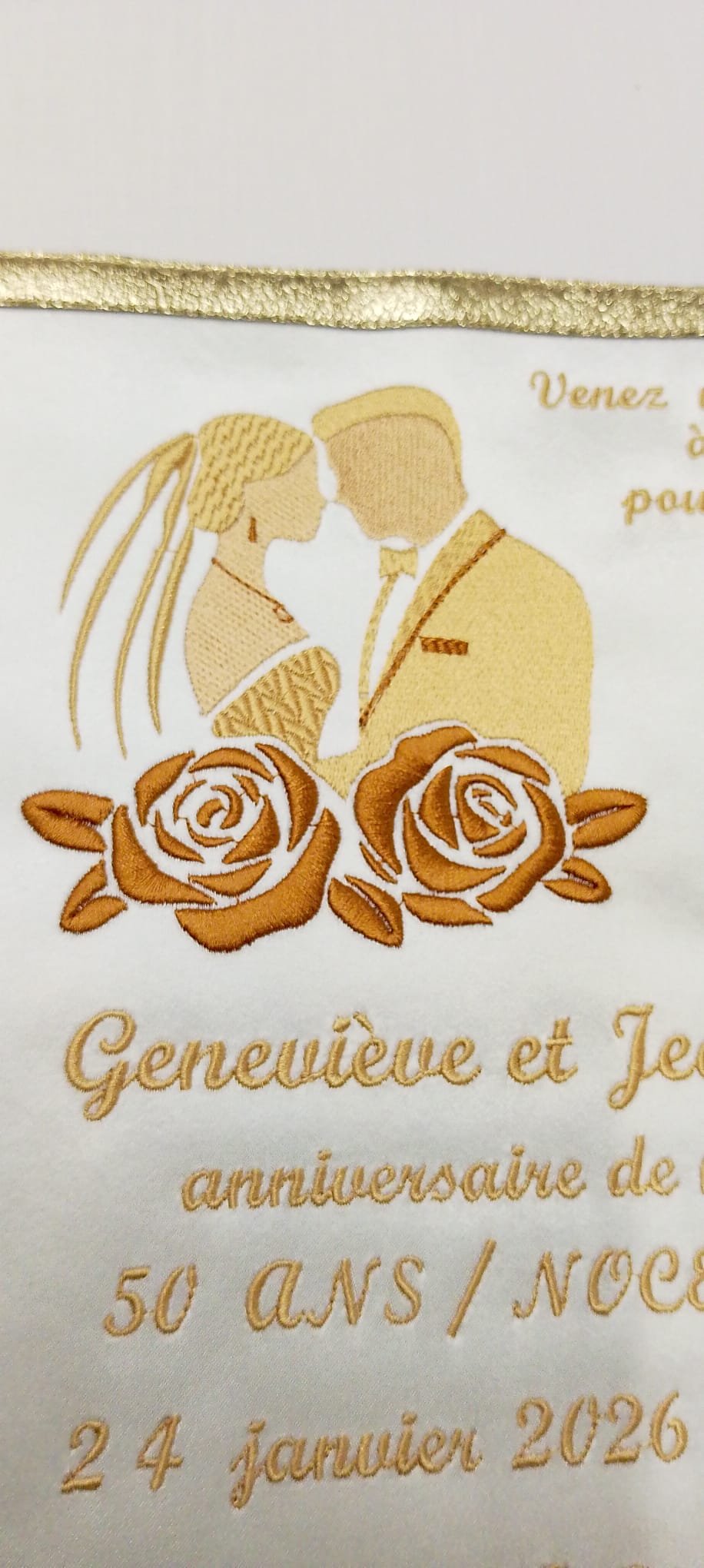 Faire-Part Brodé Personnalisé : Mariage & Noces d'Or (Satin et Dorures)
