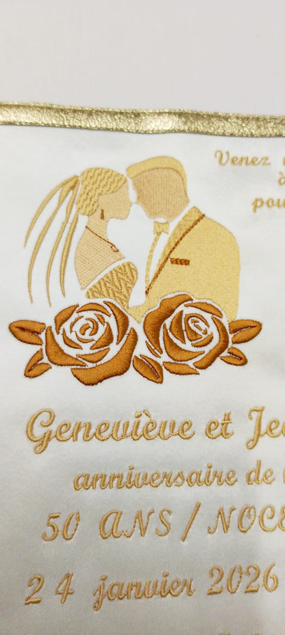 Faire-Part Brodé Personnalisé : Mariage & Noces d'Or (Satin et Dorures)