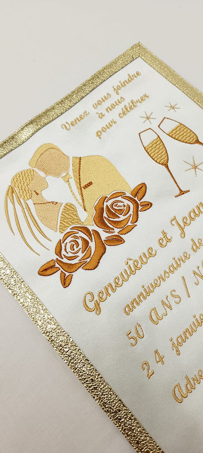 Faire-Part Brodé Personnalisé : Mariage & Noces d'Or (Satin et Dorures)