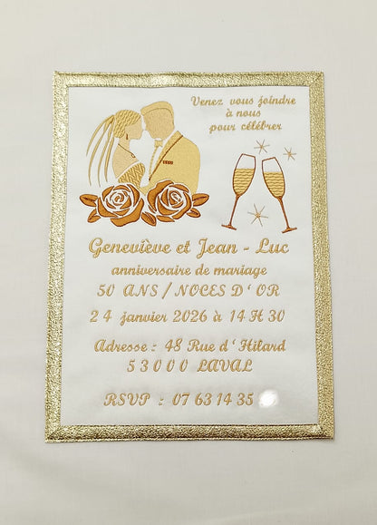 Faire-Part Brodé Personnalisé : Mariage & Noces d'Or (Satin et Dorures)